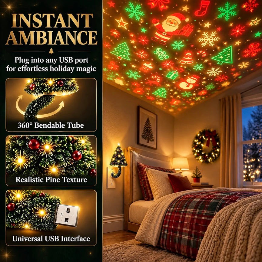 Christmas Tree Projector Night Light – USB Bendable, 6+ Holiday Patterns